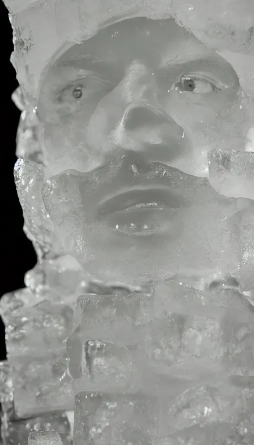 Image similar to the rapper'ice cube'carved out of ice, lit from bottom, full body, wide angle photo, award winning