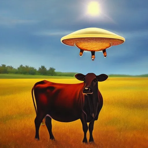 Prompt: a beautiful painting of a cow in a meadow with a ufo flying in the air above the cow, its beam shining on the cow's body.