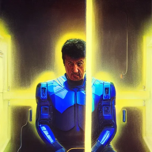 Image similar to sylvester stallone in blue metal cyber suit, tech noir, wet reflections, prism, atmospheric, ambient, pj crook, syd mead, livia prima, greg rutkowski, edward hopper