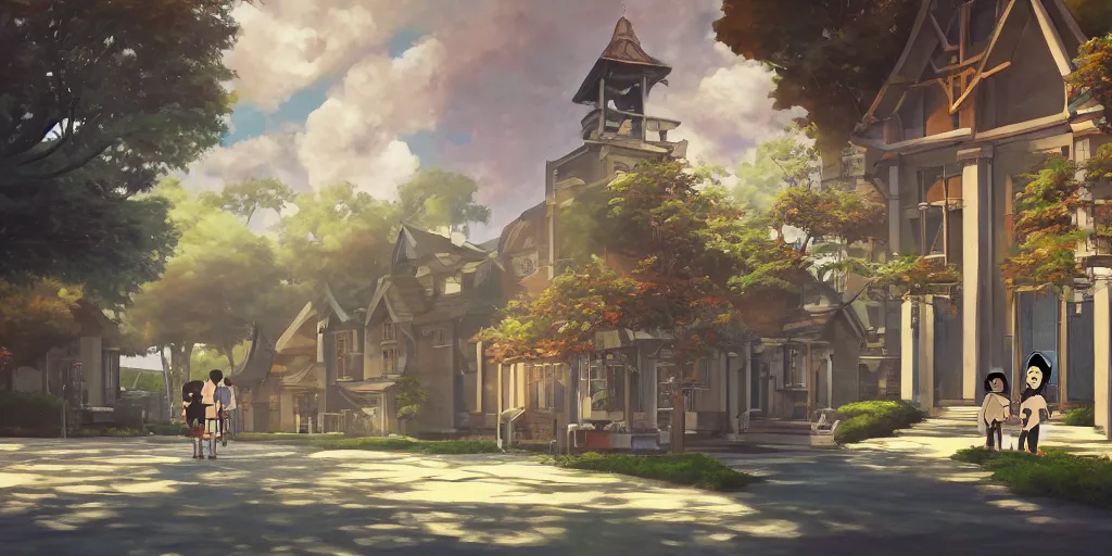 Image similar to a school, cinematic angle, studio Ghibli, cinematic lighting, digital art, detailed oil painting, hyperrealistic, 8k