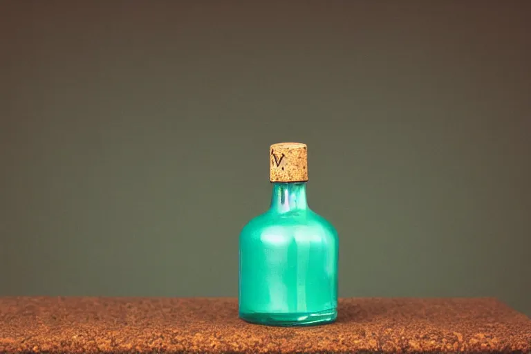 Image similar to small potion with a cork top filled with a green and turquoise gradient liquid, on a desk, old film photo