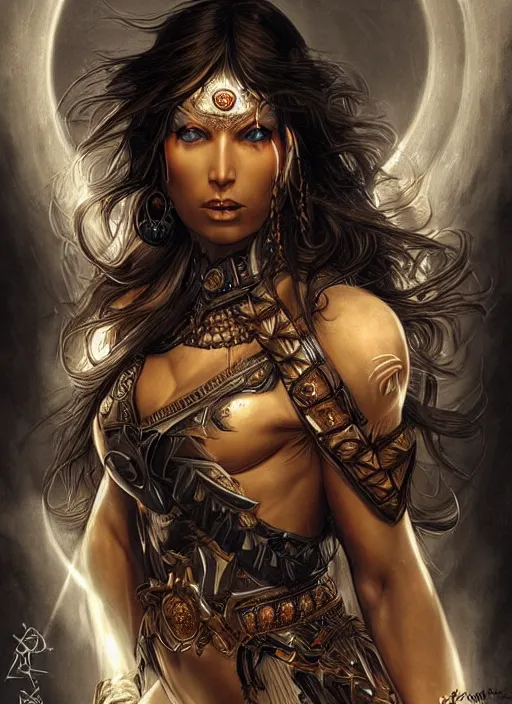 Image similar to a highly detailed symmetrical painting of a female amazon warrior with piercing beautiful eyes in dark tomb setting, dynamic lighting, ambient lighting, deviantart, art by artgerm and karol bak and mark brooks