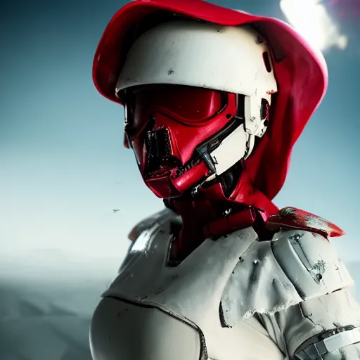 Image similar to a young female soldier wearing blood-spattered glossy sleek white dinged scuffed armor and a long torn red cape, heroic posture, determined expression, elegant, no helmet, on the surface of mars, dramatic lighting, cinematic, sci-fi, hyperrealistic, detailed