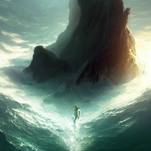 Image similar to falling into the deep, god rays, drowning, artstation, 4k, by greg rutkowski,