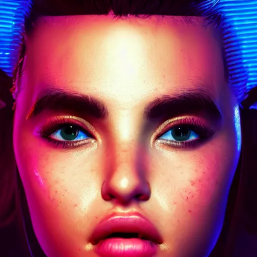 Image similar to ana de armas neon horns, detailed face, sharp focus, synthwave art, aesthetic, octane render, raw, cinematic