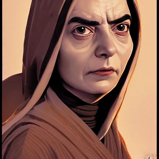 Prompt: mr. bean female, jedi master, wearing the traditional jedi robe, beautiful and uniquely odd looking, detailed symmetrical close up portrait, intricate complexity, in the style of artgerm and ilya kuvshinov, magic the gathering, star wars art