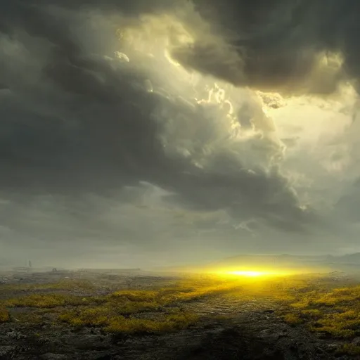Image similar to Sickly yellow light breaking through the clouds shining down upon a desolate battlefield, fantasy, matte painting, 8k resolution, high detail, masterpiece, dark atmosphere