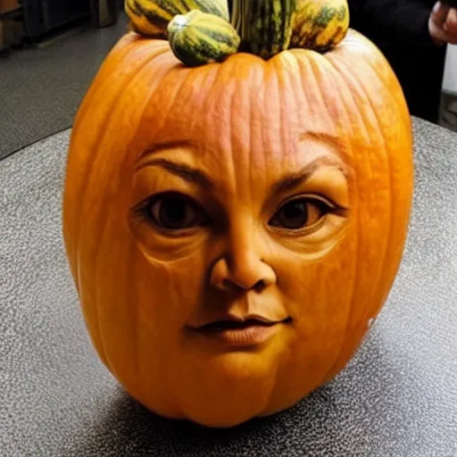 Image similar to a [ gourd ] carved shaped to look like ( amber heard face ) hybrid intercross