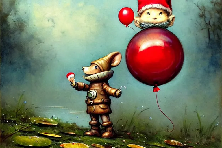 Prompt: adventurer ( ( ( ( ( 1 9 5 0 s retro future robot android mouse and knome holding a red balloon. muted colors. swamp mushrooms island, lillie pads ) ) ) ) ) by jean baptiste monge!!!!!!!!!!!!!!!!!!!!!!!!! chrome red