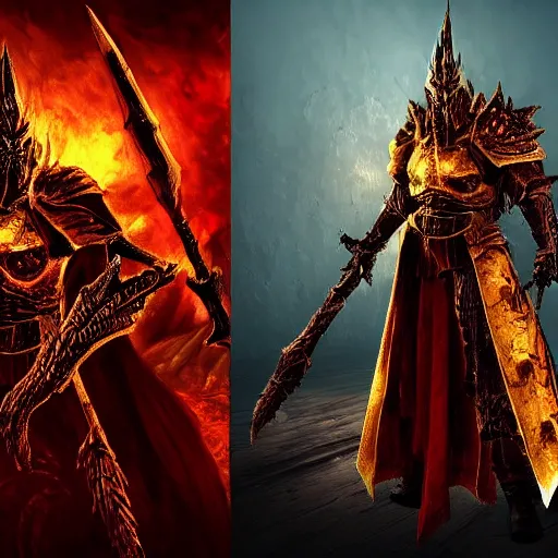 Image similar to double portrait the great death knight dark souls in golden red armor made of polished dragon bones looks relaxed, quantum physics, victorian era