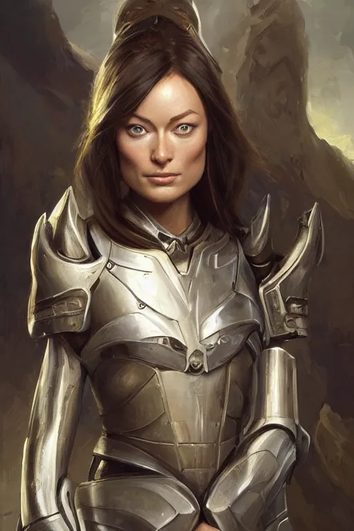 Image similar to a professional painting of a young Olivia Wilde, clothes in military armor, olive skin, long dark hair, beautiful bone structure, symmetrical facial features, intricate, elegant, digital painting, concept art, smooth, sharp focus, illustration, from StarCraft by Ruan Jia and Mandy Jurgens and Artgerm and William-Adolphe Bouguerea