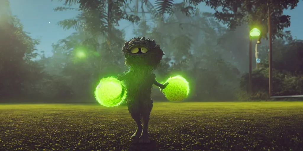 Image similar to a photo of 8 k ultra realistic giant tennis ball monster statue, tennis ball monsters, exotic, cinematic lighting, trending on artstation, 4 k, hyperrealistic, focused, high details, unreal engine 5, cinematic, alien planet atmosphere in background, 3 d render by basil gogos and beeple