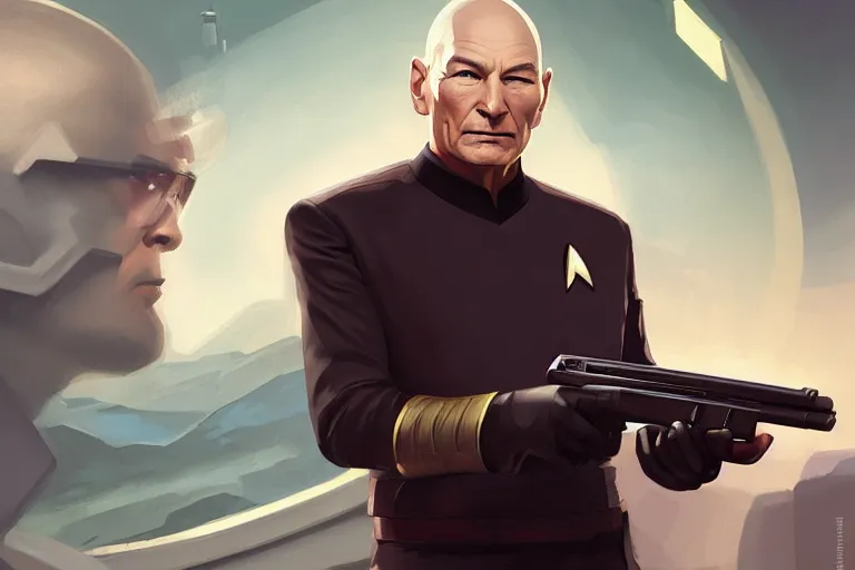 Image similar to portrait of patrick stewart holding an shotgun, star trek set in background, charlie bowater, artgerm, ilya kuvshinov, krenz cushart, ruan jia, realism, ultra detailed, 8 k resolution