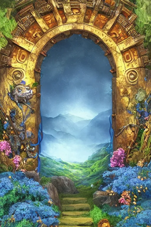 Image similar to A giant medieval fantasy blue energy portal gate with a rusty gold carved lion face at the center of it, the portal takes you to another world, full of colorful flowers on the lost Vibes and mountains in the background, spring, delicate fog, sea breeze rises in the air, by andreas rocha and john howe, and Martin Johnson Heade, featured on artstation, featured on behance, golden ratio, ultrawide angle, f32, well composed, rule of thirds, center spotlight, low angle view