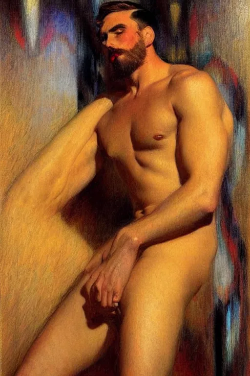 Image similar to attractive man, futurism, painting by gaston bussiere, tom of finland