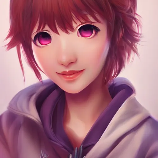 Prompt: portrait of Sayori from DDLC, detailed facial features, optimistic colors, bright eyes, warm smile, delicate, by artgerm