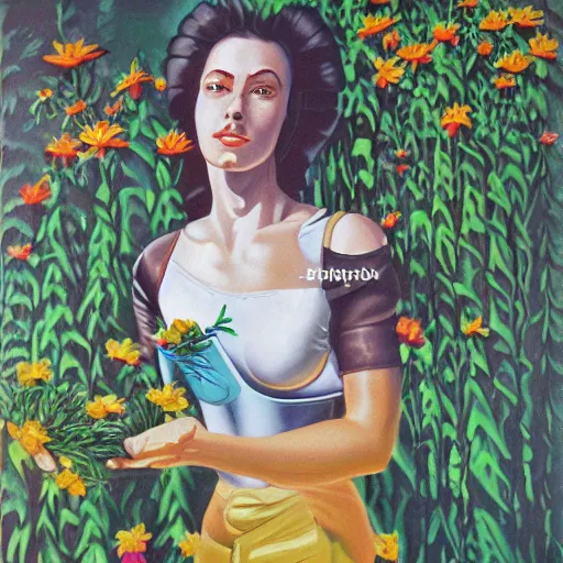 Prompt: a woman cyborg watering flowers, airbrush oil painting, 1 9 8 0 s digital scan