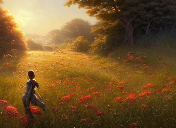 Image similar to detailed intricate digital illustration by greg rutkowski and artgerm and wlop and sanford robinson gifford ; beautiful meadow with colorful flowers and puffy clouds in background ; 1 3 mm film, arri alfa anamorphic lens ; sharp focus, golden hour lighting, trending on artstation 4 k ; close view