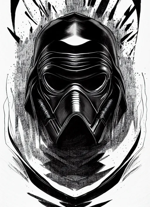 Image similar to symmetry concpet art, full shot, traditional ink, sketch, of kylo ren, line sketch, intricate, elegant, highly detailed, monochrome, digital painting, artstation, concept art, sharp focus, illustration, art by borderlands 3 and peter polach