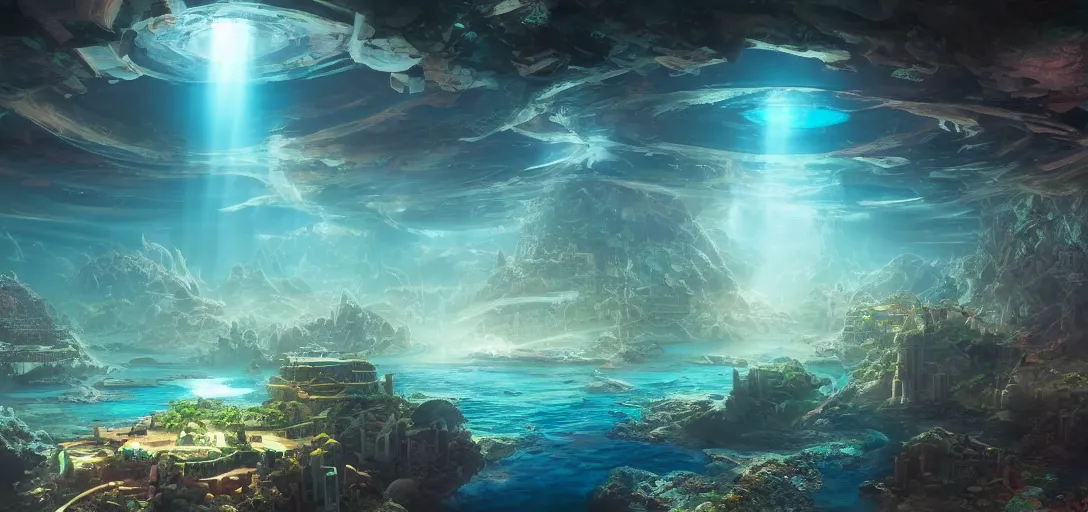 Prompt: beautiful view of an underwater city, surrounded by a forcefield, light caustics, rays, reflections, bubbles, refraction, symmetry, dramatic lighting, ultra detailed, sharp, ambient occlusion, bloom, raytracing, vibrant, vivid colors, picturesque, by dylan cole and jordan grimmer