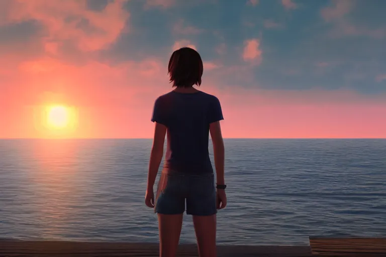 Image similar to a photo of max caulfield watching sunset on the sea, hyperrealistic, cinematic, 8 k, highly detailed, ue 5