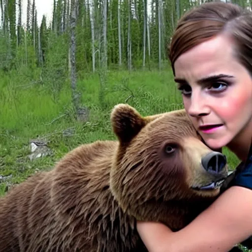 Image similar to trailcam footage of emma watson head locking a bear