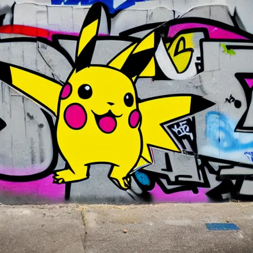 Image similar to graffiti pikachu on the wall, wide angle lens