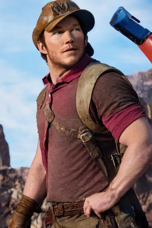 Image similar to a movie still of chris pratt as mario, highly detailed, studio lighting