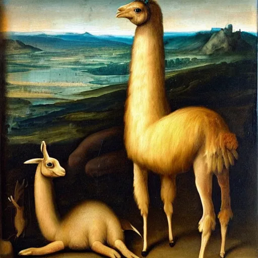 Prompt: renaissance painting of a llama in a large observatory looking for extraterrestrials