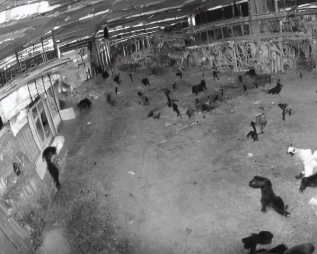 Prompt: camera footage of a Dozens of Feral Black Dogs with rabies in an abandoned shopping mall, high exposure, dark, monochrome, camera, grainy, CCTV, security camera footage, timestamp, zoomed in, Feral, fish-eye lens, Nightmare Fuel, Dog, Evil, Zerg, Brood Spreading, Motion Blur, horrifying, lunging at camera :4