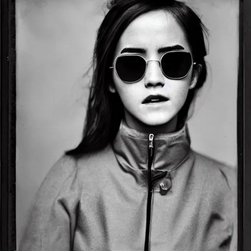 Prompt: wet plate portrait, japanese emma watson in moncler jacket and sunglasses,