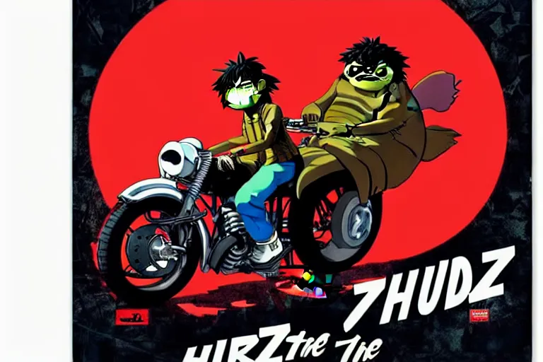 Image similar to pizza the hut, akira's motorcycle, gorillaz, poster, high quality