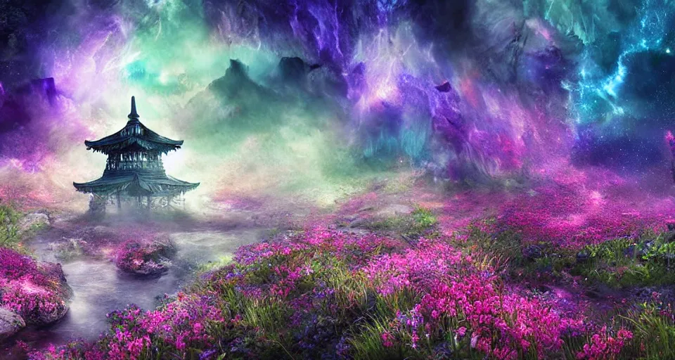 Prompt: a large alien shrine shrouded by mystic nebula magic in a field of flowers, breath - taking beautiful flowers, streams, nebula, and mist, an aesthetically pleasing, dynamic, energetic, lively, complex, intricate, detailed, well - designed digital art of magic, streams, flowers, and mist, early morning, light and shadow