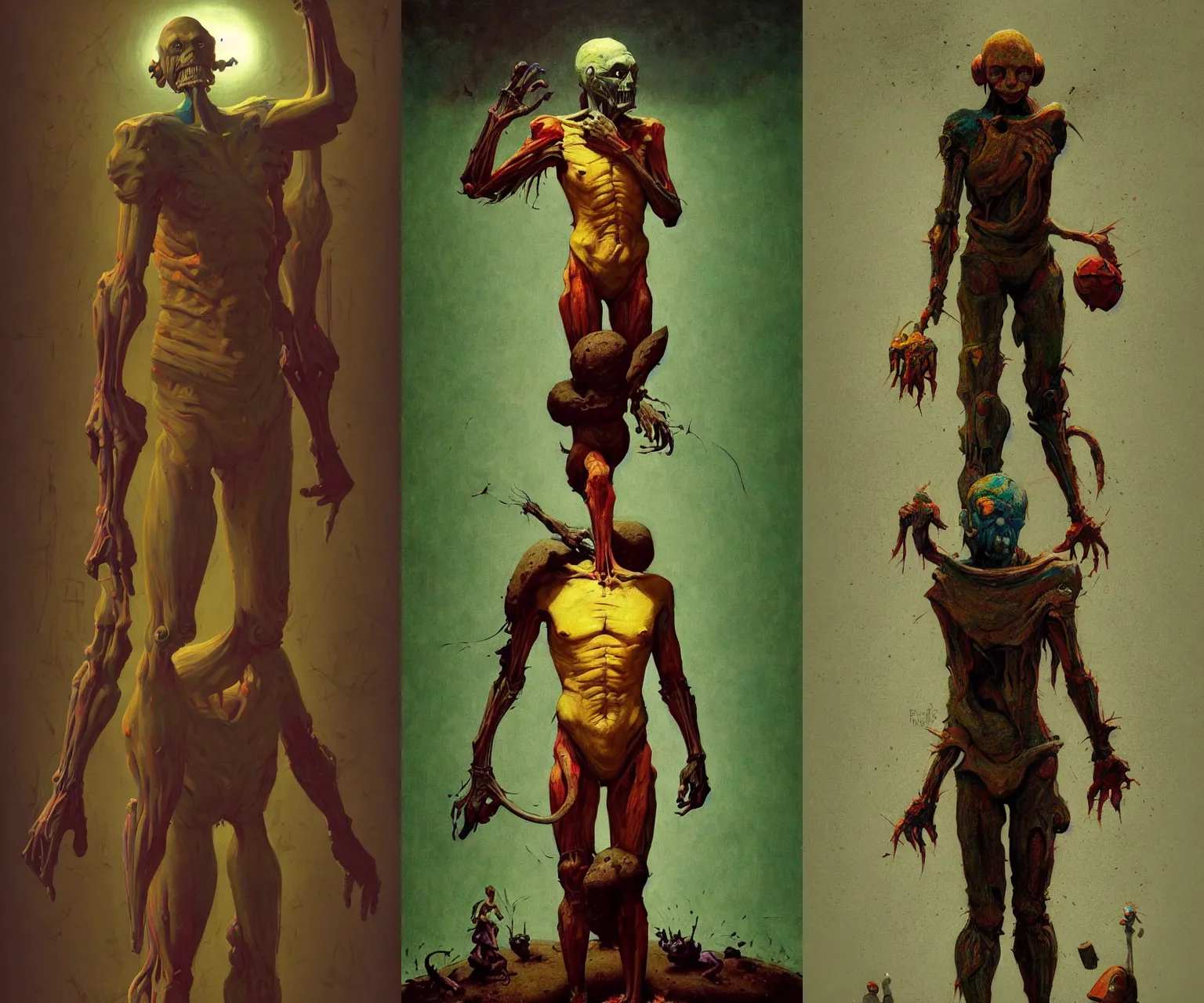 Prompt: full - body portrait surreal colorful clay fighting artstation rpg giant humanoid ghoul character concept art anatomy, action pose, very coherent and colorful high contrast masterpiece by norman rockwell franz sedlacek hieronymus bosch dean ellis gediminas pranckevicius, dark shadows, sunny day, hard lighting, reference sheet white! background