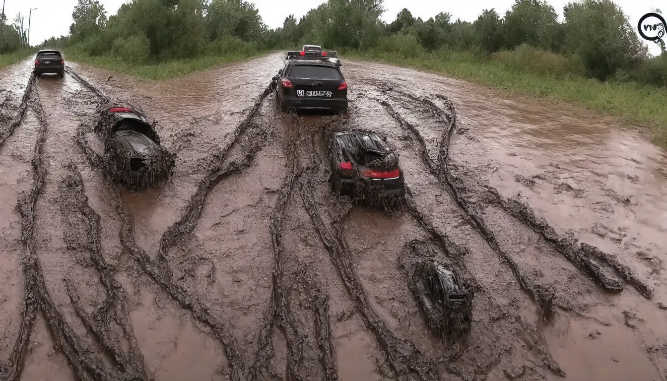 Prompt: bodycam of high speed chase trough mud with trycicles, very detailed, realistic, 4 k