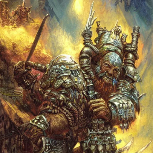 Image similar to art by donato giancola and bayard wu and gustav moreau and wayne barlowe, a fantasy cinematic close up shot of a dwarf berserker, warhammer, dnd, last stand