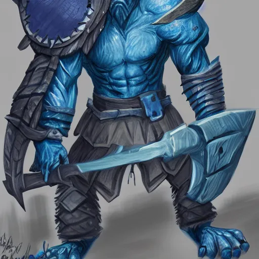 Image similar to fantasy concept art; portrait of a blue dragonborn wielding an axe; barbarian clothing; detailed sketch