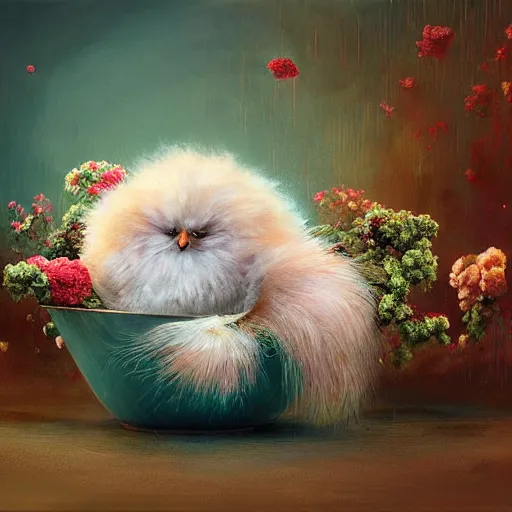 Image similar to long shot of a very fluffy fur chick nesting in a floral cup, esao andrews, by m. w. kaluta, humorous illustration, hyperrealistic, tilt shift, warm colors, night scenery, low light, 3 d octane render, 4 k, volumetric lights, smooth, cosy atmosphere, conceptart, hyperdetailed, trending on deviantart