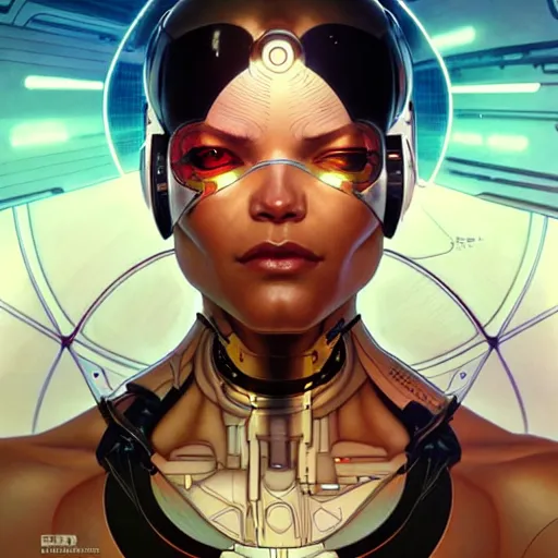 Image similar to cyborg, female, science fiction, portrait, highly detailed, digital painting, beautiful eyes, symmetry, concept art, sharp focus, illustration, art by artgerm and greg rutkowski and magali villeneuve and ilya kuvshinov! : : alphonse mucha : :