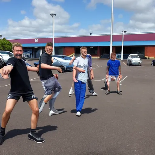 Prompt: Don Henleys boys of summer having a game of one leg in Aldi car park