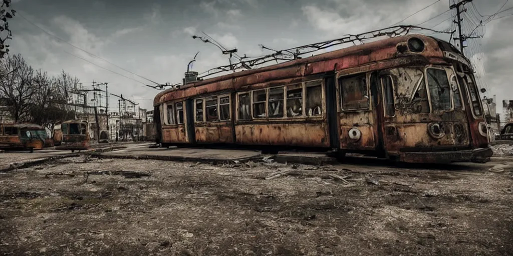 Image similar to low wide angle shot of dilapidated fallout 5 europa, retro futuristic overgrown euro cityscapes, desolate, dilapidated neon signs, few rusted retro futuristic vintage parked vehicles like cars, buses, trucks, trams, volumetric lighting, photorealistic, daytime, spring, clear weather, sharp focus, ultra detailed, 3 5 0 0 k