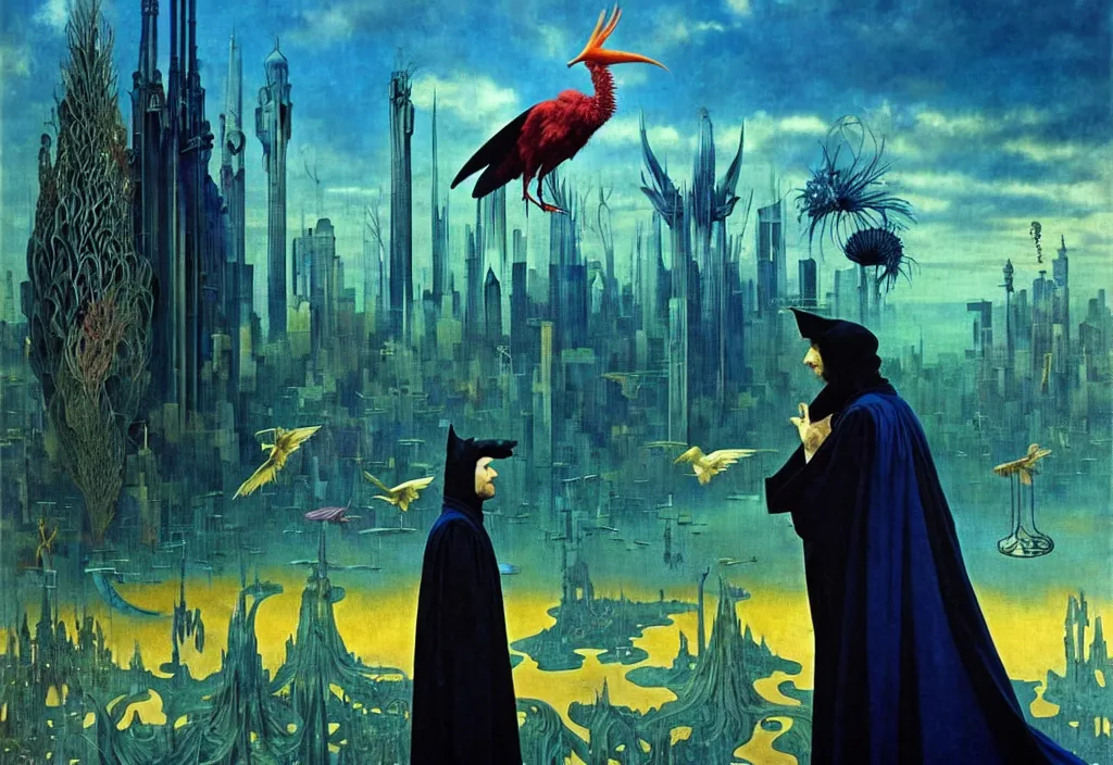 Prompt: realistic detailed portrait movie shot of a creaming birdman wearing black robes, sci fi city landscape background by denis villeneuve, amano, yves tanguy, alphonse mucha, ernst haeckel, max ernst, roger dean, masterpiece, rich moody colours, blue eyes