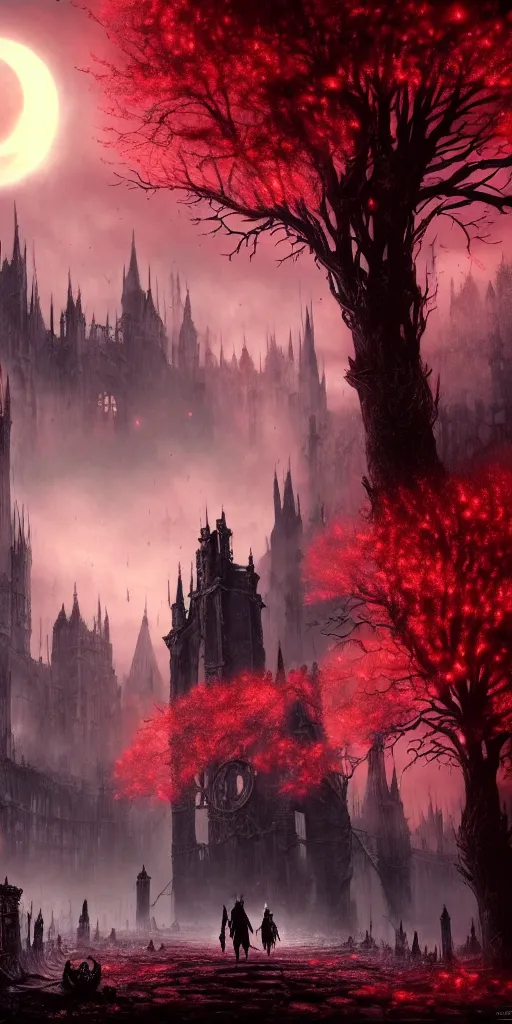 Image similar to abandoned bloodborne old valley with a obscure person at the centre and a ruined gothic city in the background, trees and stars in the background, falling red petals, epic red - orange moonlight, perfect lightning, wallpaper illustration by niko delort and kentaro miura, 4 k, ultra realistic