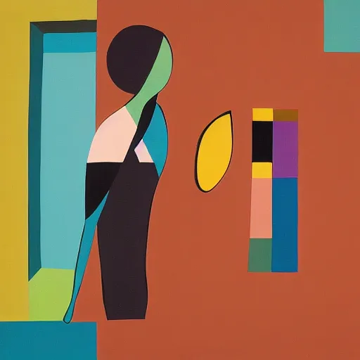 Image similar to A painting of person standing in a doorway, abstract painting in the style of Sophie Taeuber-Arp and Gary Hume and Tatsuro Kiuchi, flat colour-block style, geometric abstraction, deep earthy colours