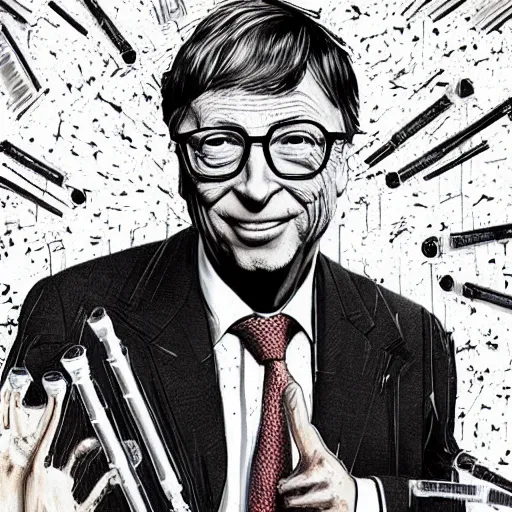 Image similar to bill gates full body portrait, piles of syringes behind him, body horror, black and white illustration by junji ito and francis bacon, hunter s thompson feeling of grimdark, sharp focus, fiction, hyper detailed, digital art, trending in artstation, cinematic lighting, studio quality, smooth render, unreal engine 5