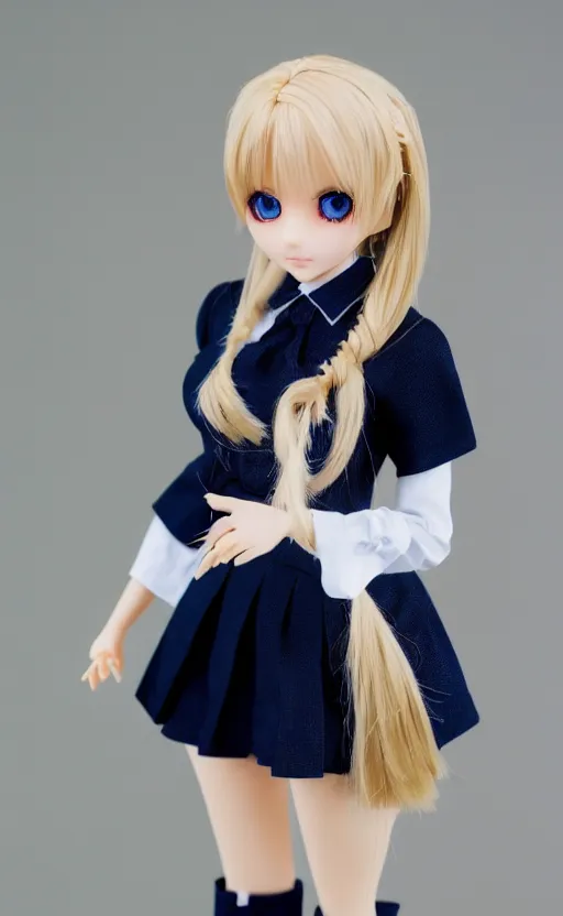 Image similar to dollfie in school uniform, blonde hair, blue eyes, black skirt and white blouse