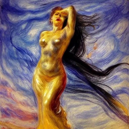 Image similar to filmstill, over the shoulder sketch photography of beautiful female body covered with swirling black translucent blanket blowing in wind, acrylic liquid colors, luxurious supermodel photoshooting, golden jewelry, bokeh, godrays, strong wind, wrinkles, sunrays, sunset, lens flares, monet, renoir, cold colors, concept art, abstract painting, sand dunes, melting victorian statue