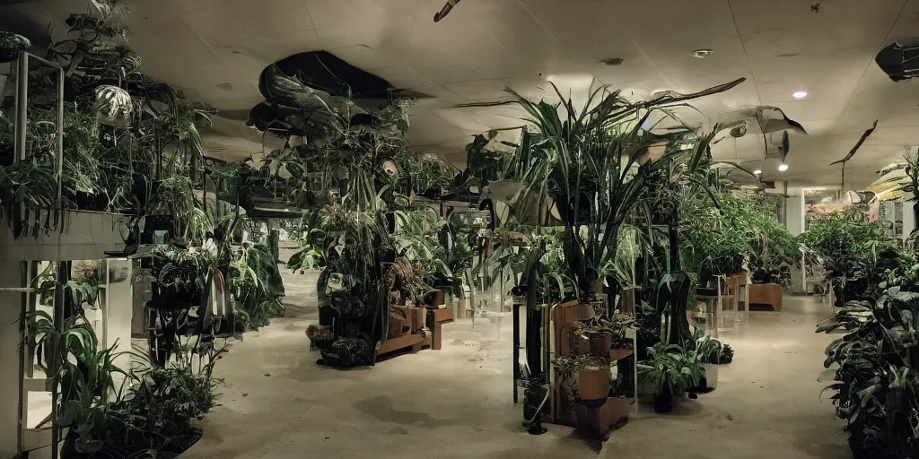 Image similar to a photograph of liminal space weird mall playground house hall way houseplants place with something but empty, interior, unsettling, normal place with weird feeling, liminal space aesthetic, dark scene with flash