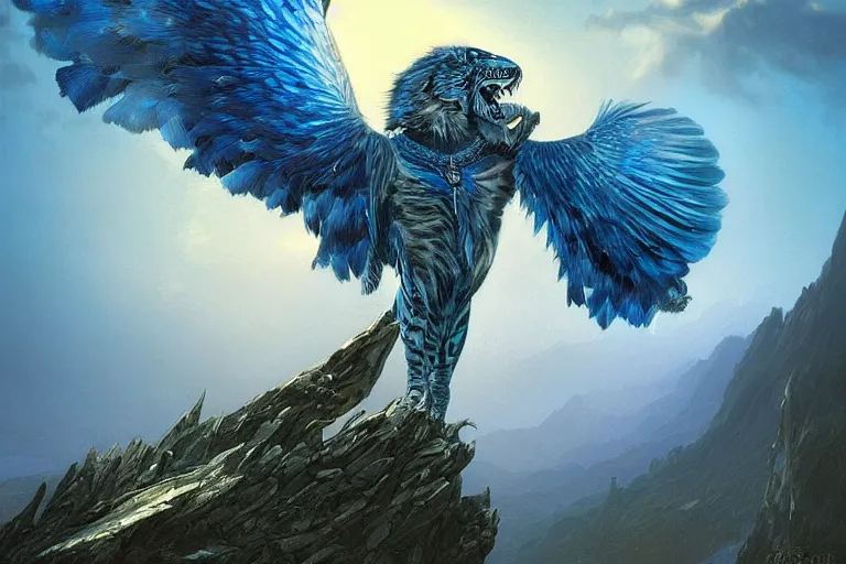 Image similar to Blue feathered Tiger with wings on a beautiful fantasy landscape, hills, mountains, moonlit, HD, illustration, epic, D&D, fantasy, intricate, elegant, highly detailed, digital painting, artstation, concept art, smooth, sharp focus, illustration, art by artgerm and greg rutkowski and alphonse mucha