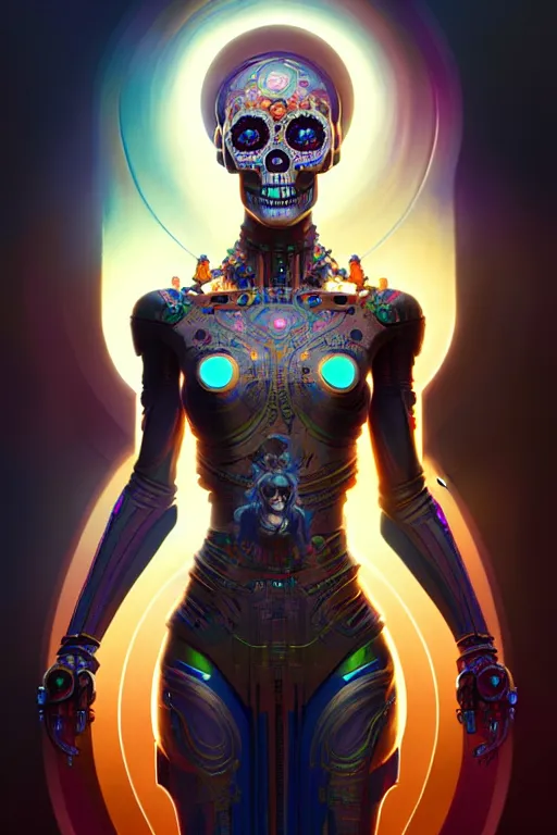 Image similar to ultra detailed Female Android deity, scifi, octane render, (dia de los muertos), asymmetrical, intricate concept art, triadic color scheme, art by artgerm and DZO and greg rutkowski and alphonse mucha and loish and WLOP